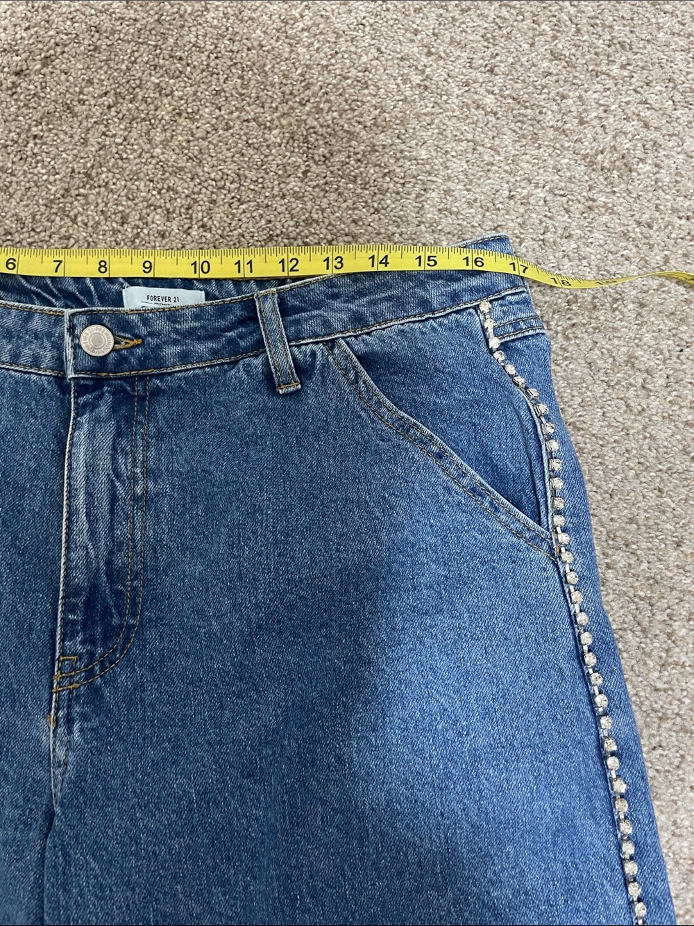 Forever 21 Women's Blue Straight-Leg Denim with Rhinestone trim Size US 30 - Picture 8 of 10